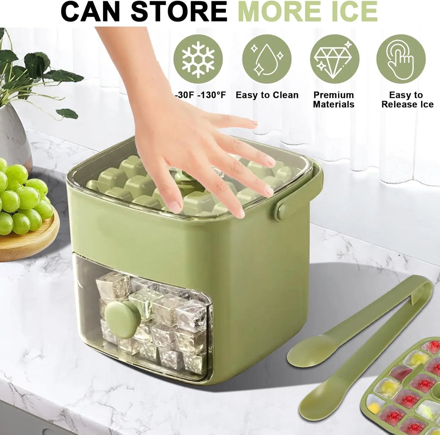 Bandeja para cubitos de hielo de 48 rejillas con compartimento de almacenamiento: fácil liberación con un solo toque